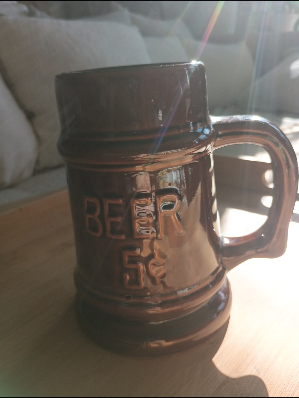 Large Vintage Porcelain Beer Stein Beer 5 Cents 7" Tall!